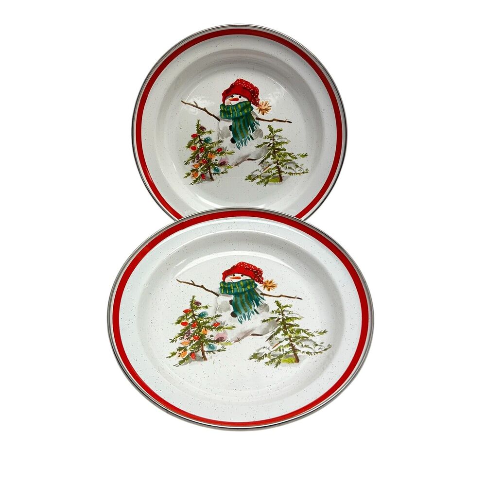 Hallmark VTG Mitford Snowman 10” Enamel Serving Plate Bowl (2) Christmas Holiday